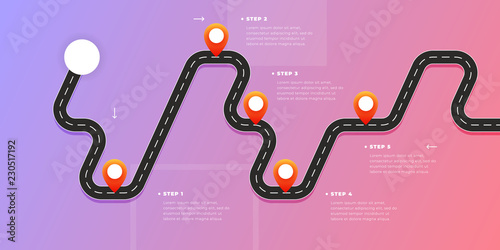Infographic template winding asphalt road with pin-pointers. Vector EPS 10