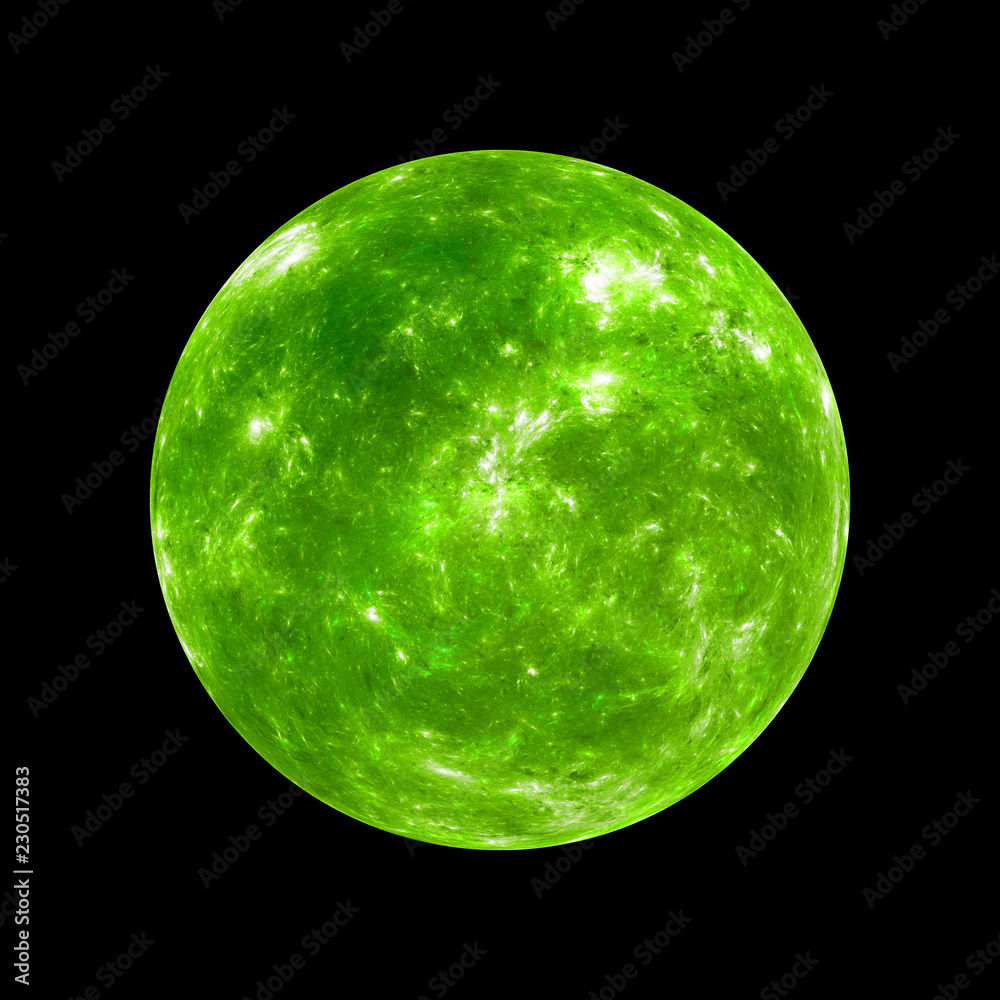 Fototapeta premium Green exoplanet insolated on black, computer generated abstract background