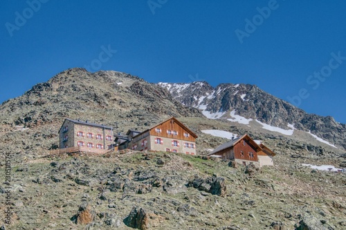 Breslauer Huette mountain hut in the Austrian Alps on the background of the Wildspitze massif