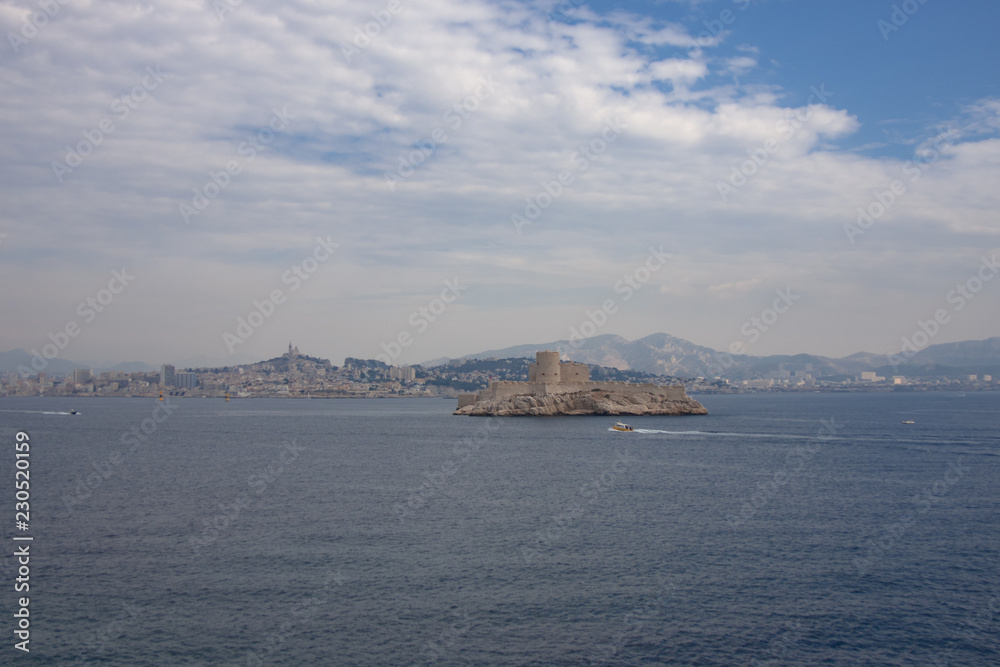 View on If Castle (Chateau d'If) and Marseille.