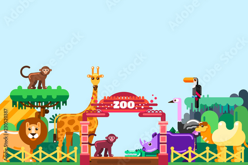 Zoo entrance, vector flat illustration. Cute animals around colorful gates. Weekend in park, leisure outdoor concept