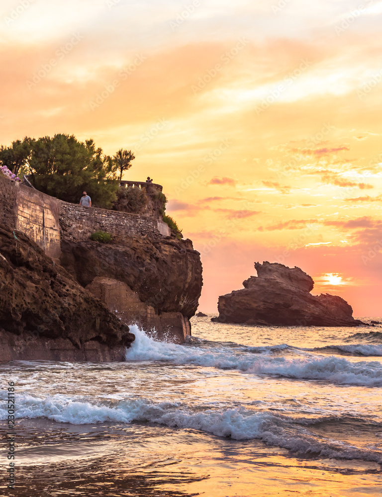 Sunset view of the grande beach in Biarritz, France .