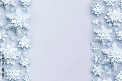Abstract Christmas background with volumetric paper snowflakes. White 3D snowflakes with shadow. Xmas and new year card template. Winter paper art design