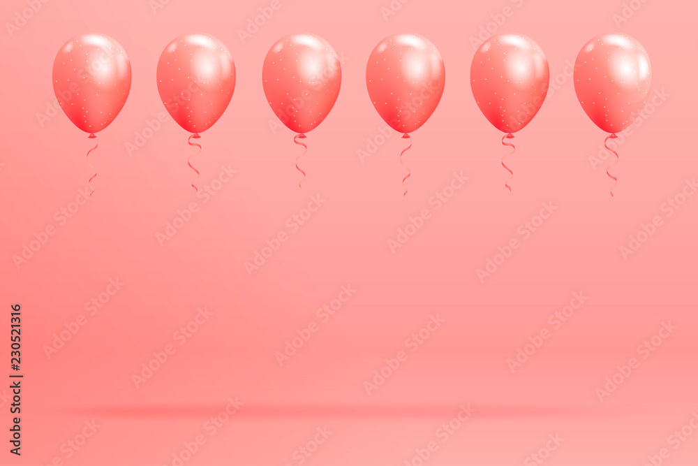 Set of realistic glossy helium balloons floating on pink background. Vector 3D balloons for birthday, party, wedding or promotion banners or posters. Vivid illustration in pastel colors.