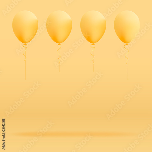 Set of realistic mat helium balloons floating on yellow background. Vector 3D balloons for birthday, party, wedding or promotion banners or posters. Vivid illustration in pastel colors.