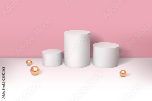 Minimal abstract cylinder shape and golden sphere, wall scene. Platform, podium to advertise various objects. Vector illustration in pastel colors
