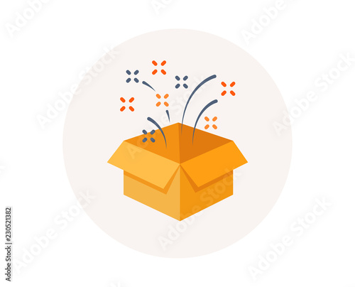 Present, surprise gift box. Birthday celebration icon. Loyalty program reward package. Open gift sign. Winner prize. Give package box vector