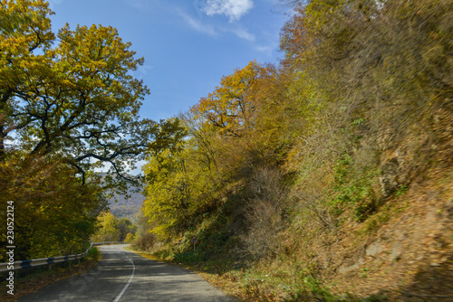A mountain road surrounded by fall foliage.