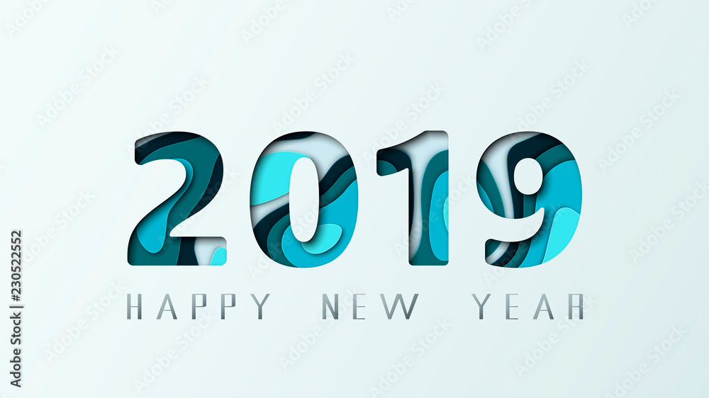 2019 Happy New Year. Design layered greeting card for banners, posters, flyers. Vector illustration.