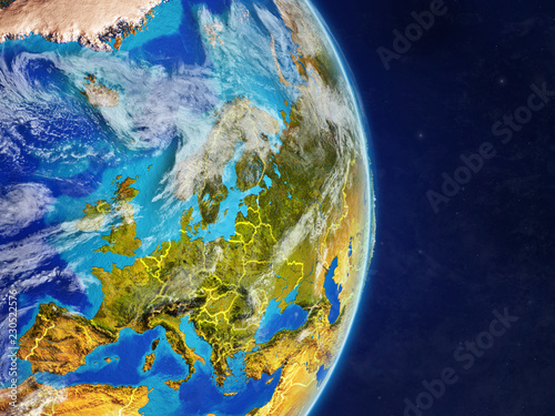 Europe on planet Earth with country borders and highly detailed planet surface and clouds.