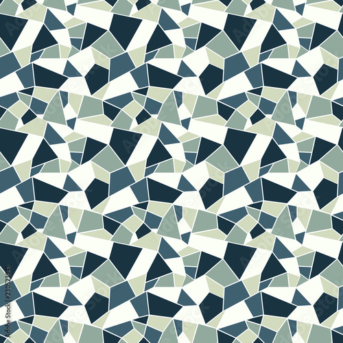 Seamles vitrage (stained-glass) pattern in cold muted colors of blue and grey, outlined polygonal ornamets with white outline, background with winter cold feel