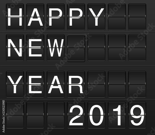 Happy New Year 2019 card in display board style (solari board, flightboard, flipboard), black and white 