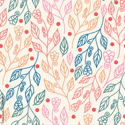 Beautiful floral seamless pattern with leaves and flowers. Vector illustration colorful background