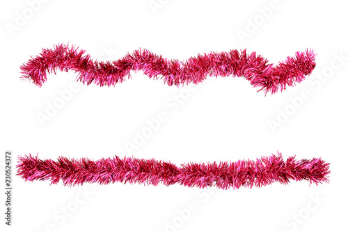 Christmas red tinsel for decoration. White isolate photo