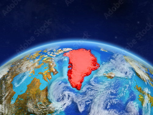Greenland on planet Earth with country borders and highly detailed planet surface and clouds.