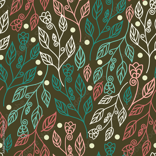 Floral seamless pattern with leaves and beautiful flowers. Vector illustration in green background