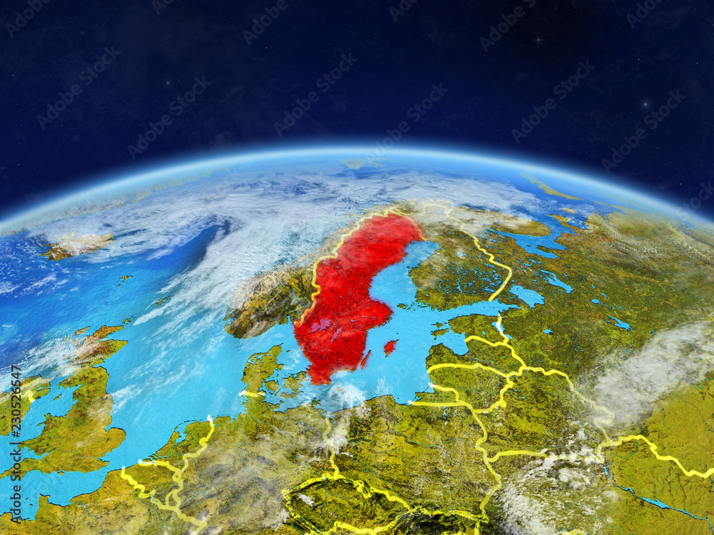 Sweden on planet Earth with country borders and highly detailed planet surface and clouds.