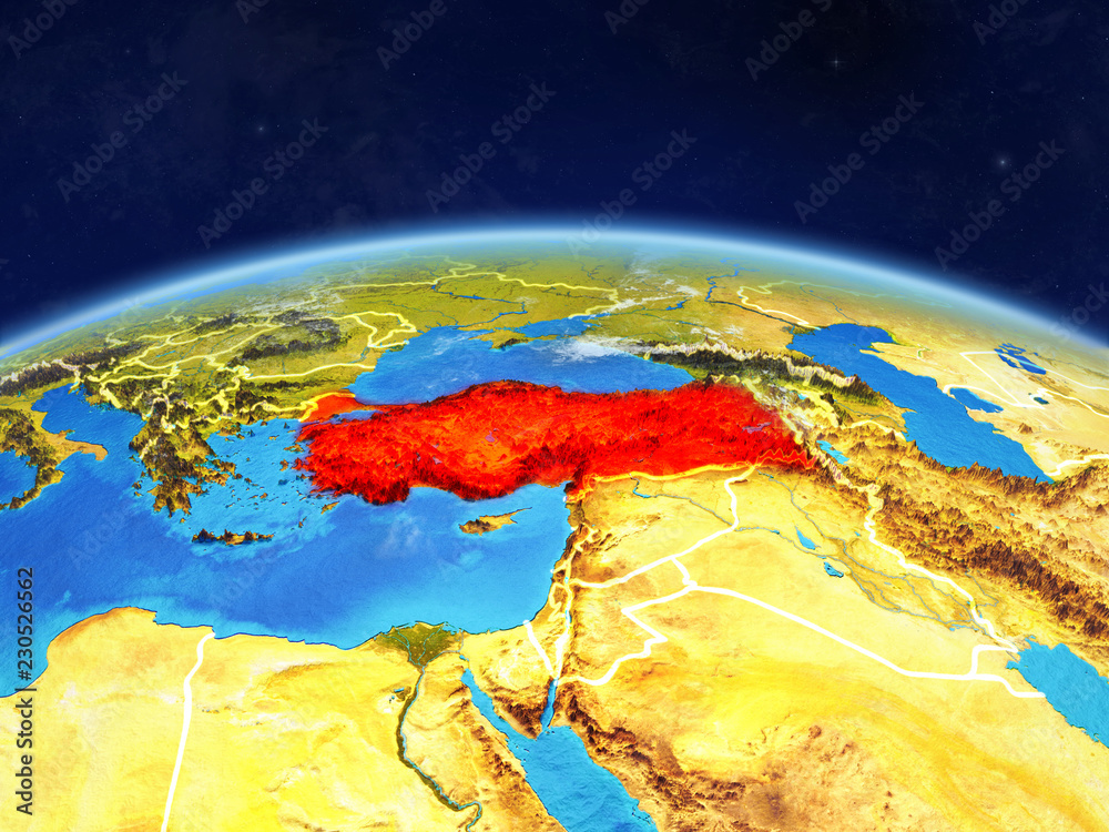 Turkey on planet Earth with country borders and highly detailed planet surface and clouds.