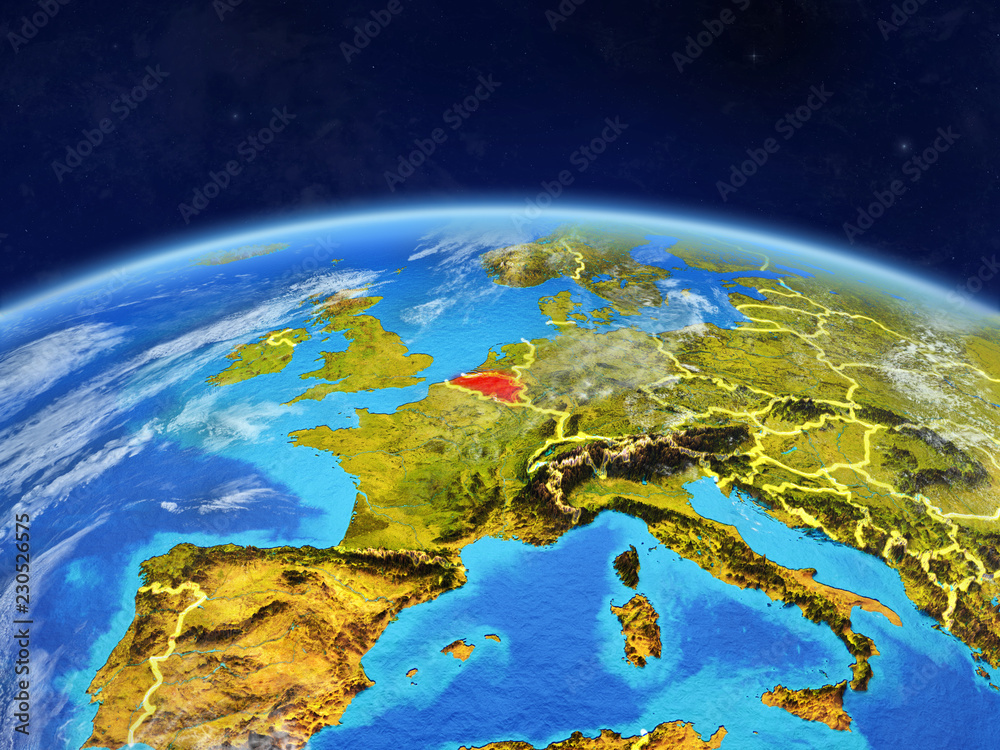 Belgium on planet Earth with country borders and highly detailed planet surface and clouds.