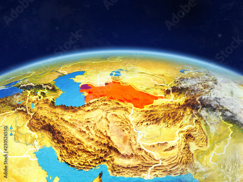 Turkmenistan on planet Earth with country borders and highly detailed planet surface and clouds.