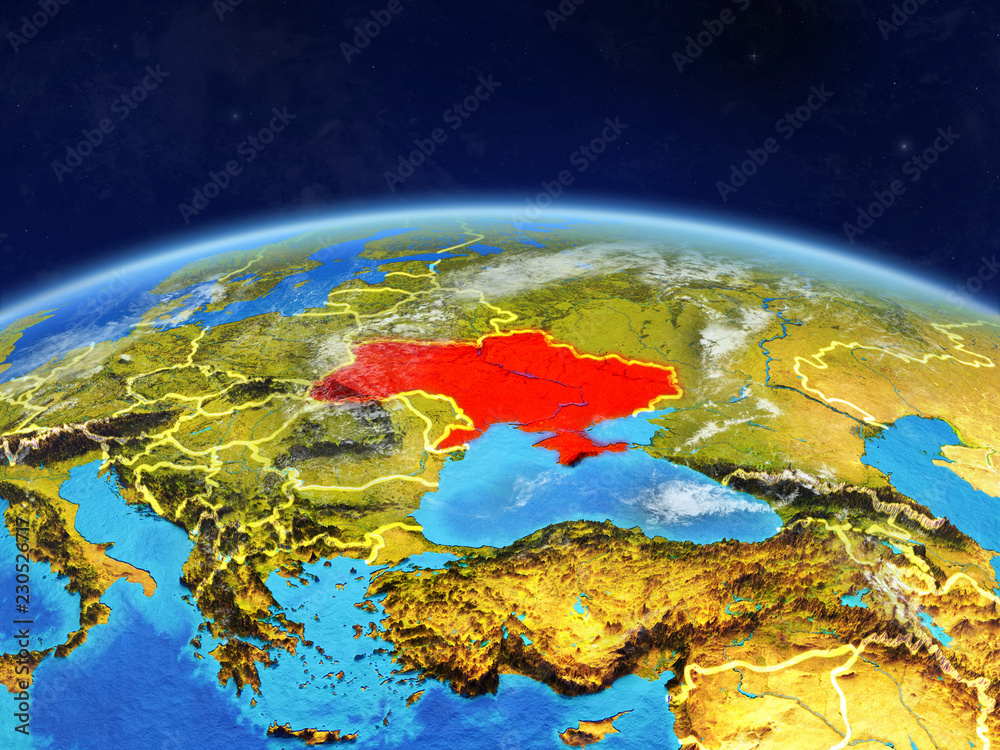 Ukraine on planet Earth with country borders and highly detailed planet surface and clouds.