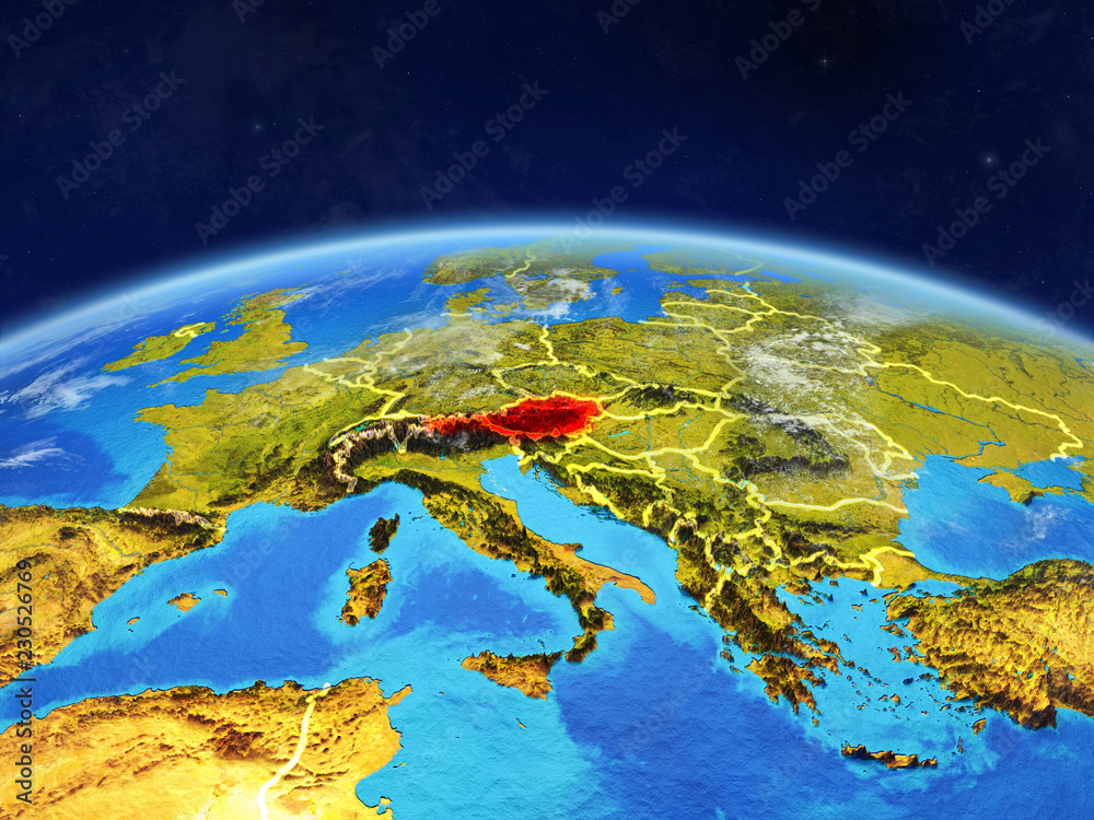 Austria on planet Earth with country borders and highly detailed planet surface and clouds.