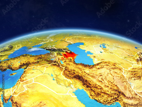 Azerbaijan on planet Earth with country borders and highly detailed planet surface and clouds.