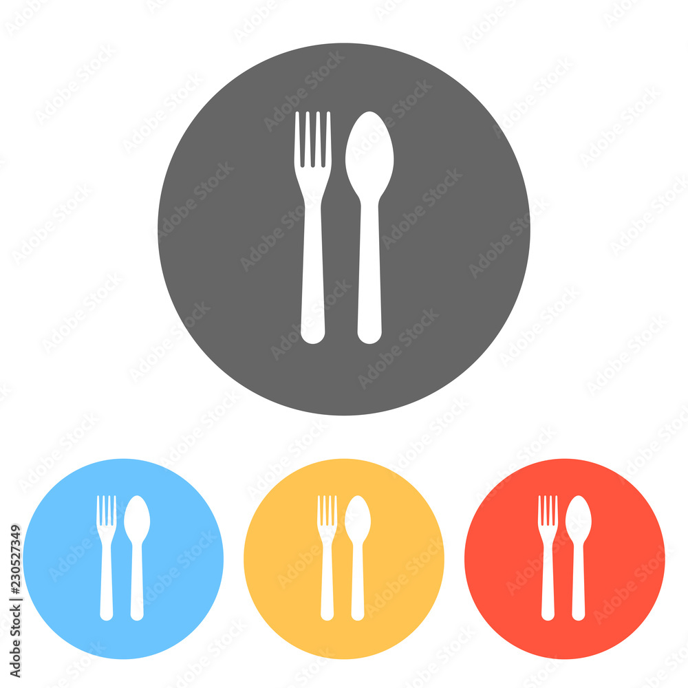 Fork and spoon, icon. Kitchen tools. Set of white icons on colored circles Fork and spoon, icon. Kitchen tools. Set of white icons on colored circles