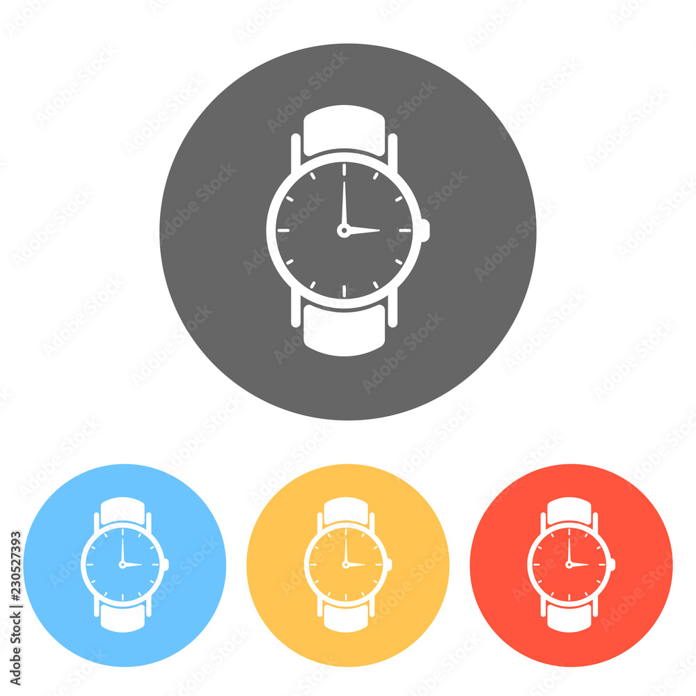 Classic hand watch with arrows, icon. Set of white icons on colored circles Classic hand watch with arrows, icon. Set of white icons on colored circles