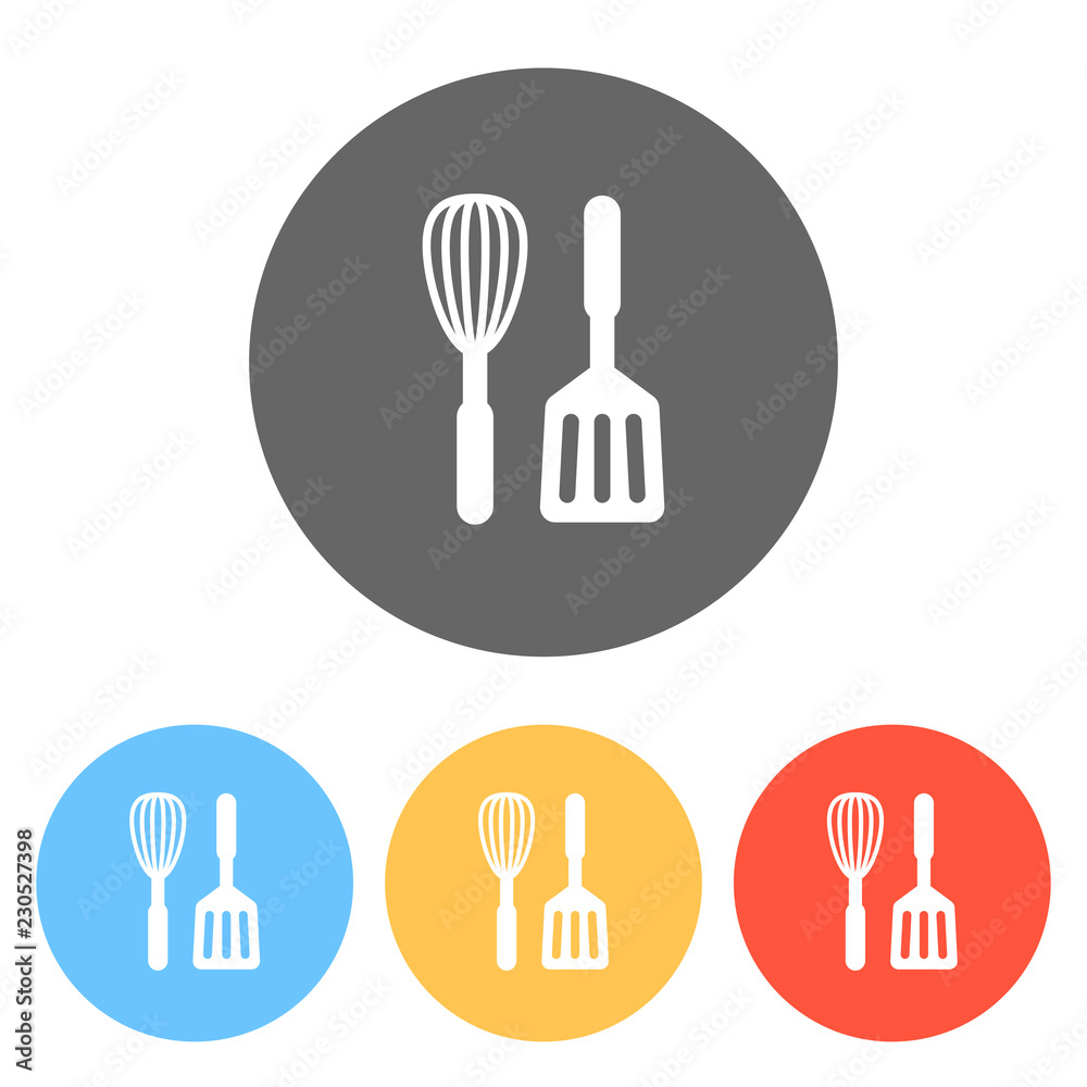 Kitchen tool icon. Whisk and spatula. Set of white icons on colored circles Kitchen tool icon. Whisk and spatula. Set of white icons on colored circles
