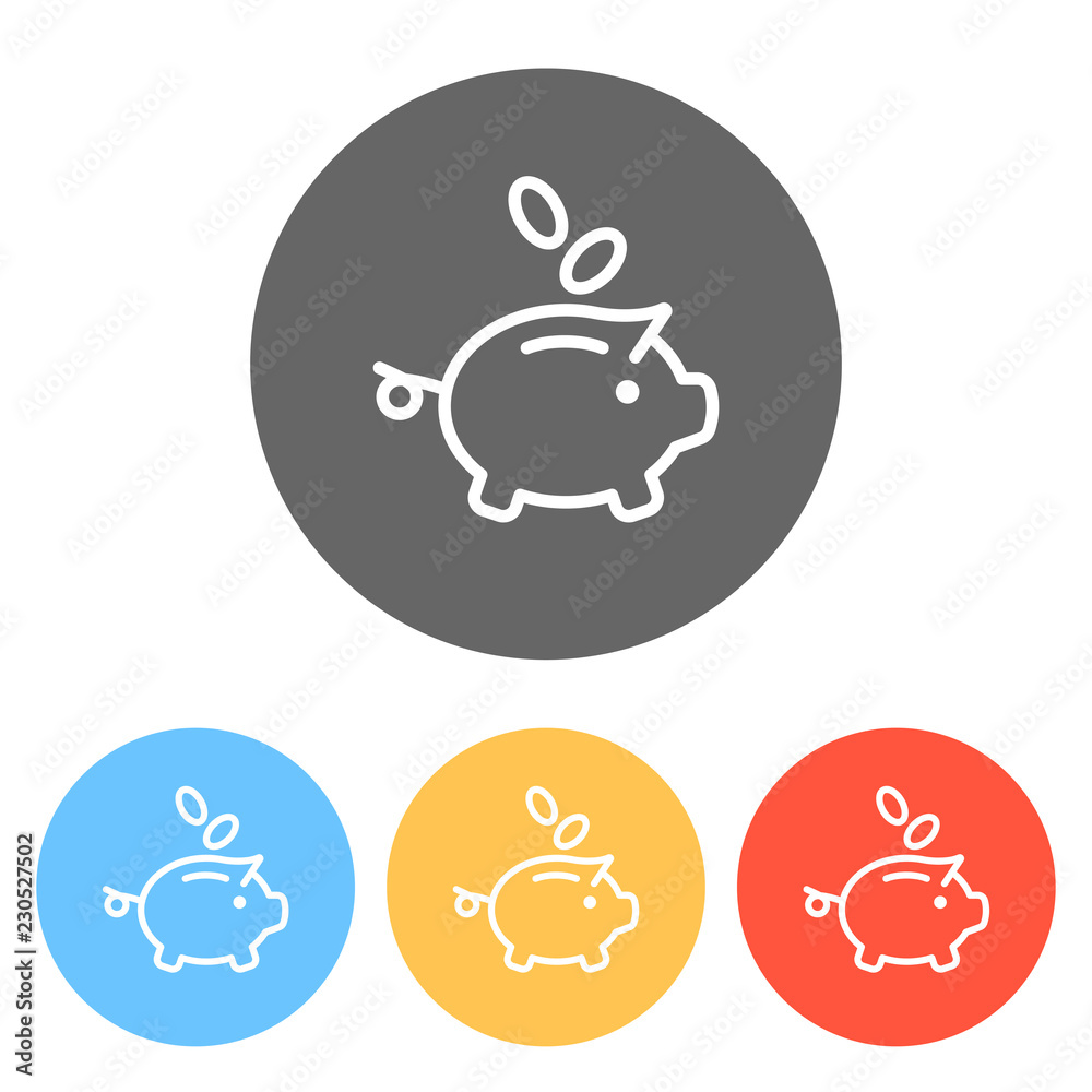 Piggy bank, dollar coins. Business icon. Set of white icons on colored circles Piggy bank, dollar coins. Business icon. Set of white icons on colored circles