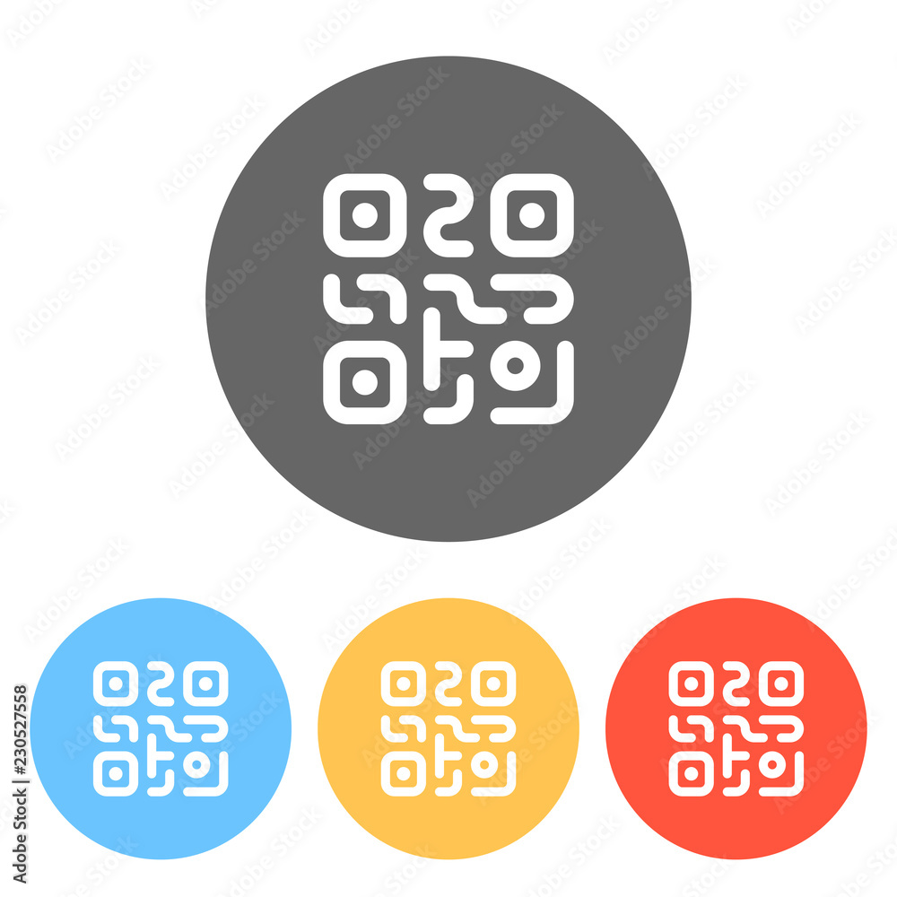 QR code. Technology icon. Simple logo. Set of white icons on colored circles QR code. Technology icon. Simple logo. Set of white icons on colored circles