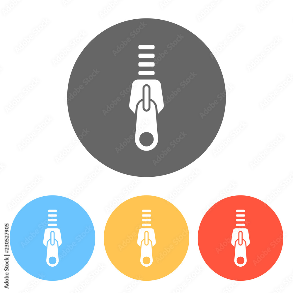 Zipper tool icon, Close state. Set of white icons on colored circles