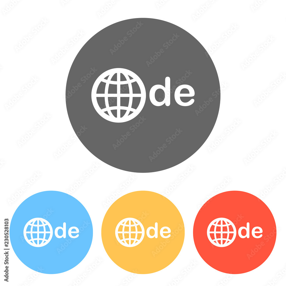domain of Germany, globe and de. Set of white icons on colored c domain of Germany, globe and de. Set of white icons on colored c