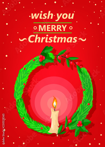 Simple Merry Christmas greeting card  with cute xmas candle. Print standart A5