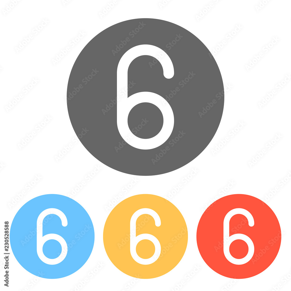 Number six, numeral, simple letter. Set of white icons on colore Number six, numeral, simple letter. Set of white icons on colore