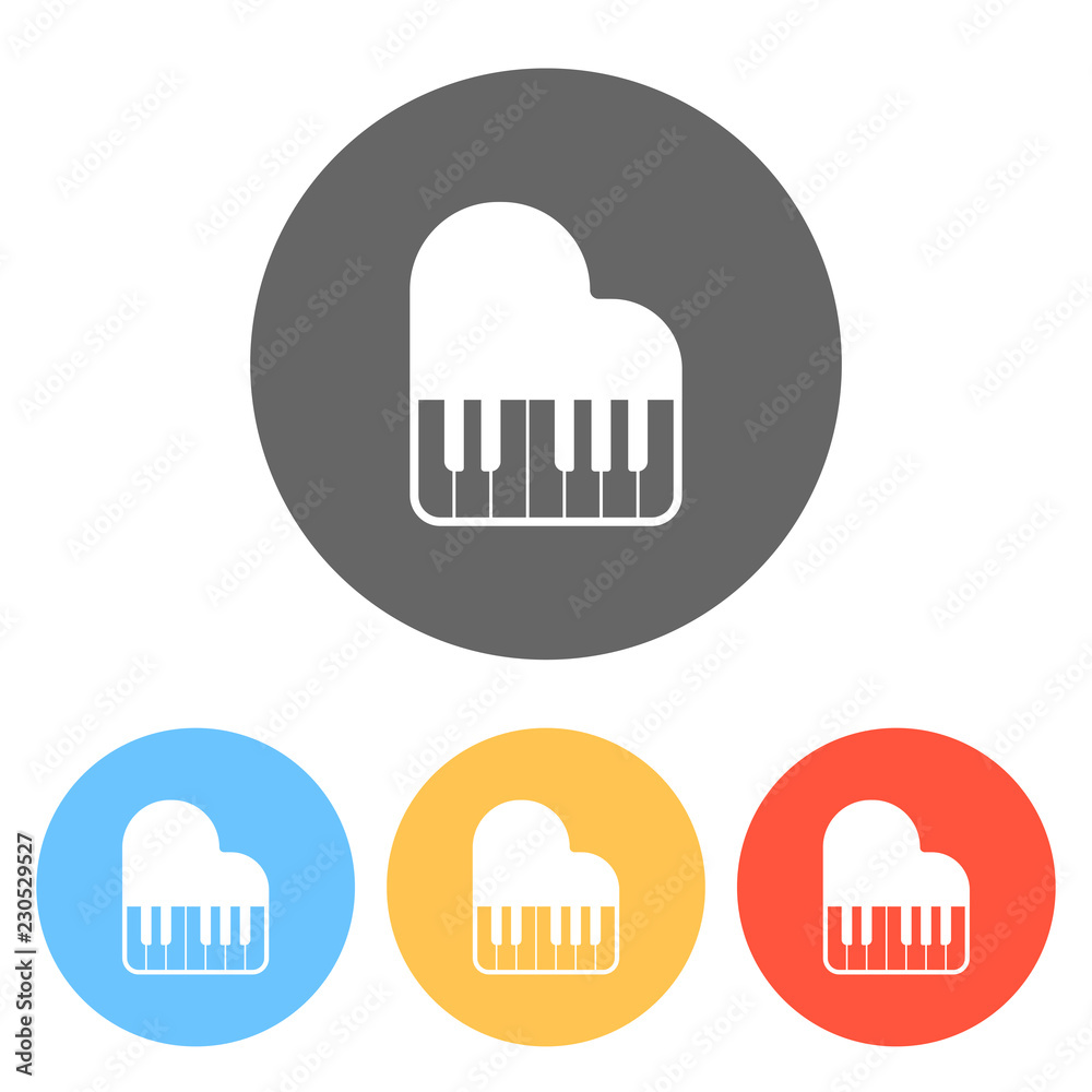 Grand piano icon. Set of white icons on colored circles Grand piano icon. Set of white icons on colored circles