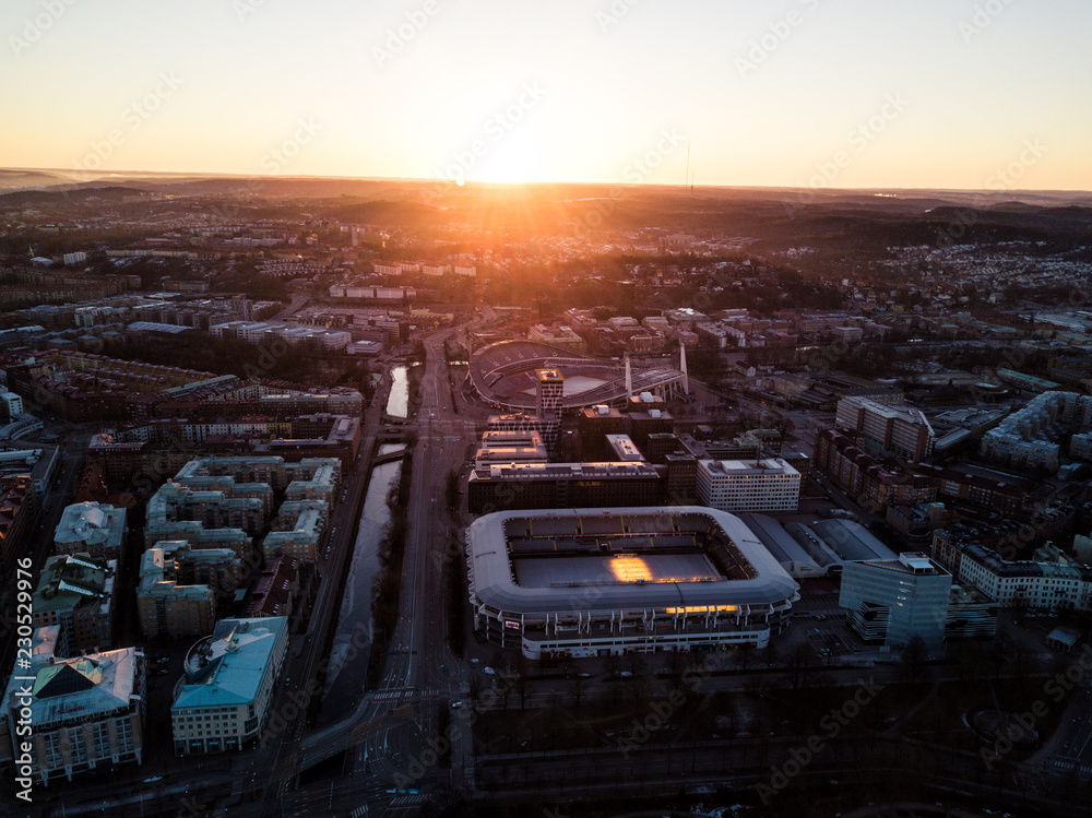 Aerial drone photo - Sunrise over the stadiums of Gothenburg, Sweden