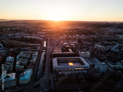 Obraz na płótnie Aerial drone photo - Sunrise over the stadiums of Gothenburg, Sweden w salonie