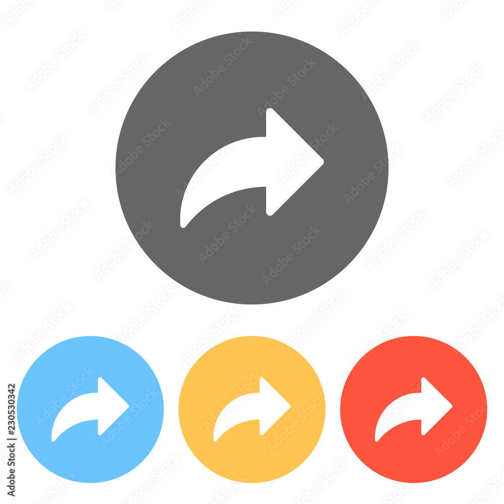 Share icon with arrow. Set of white icons on colored circles Share icon with arrow. Set of white icons on colored circles