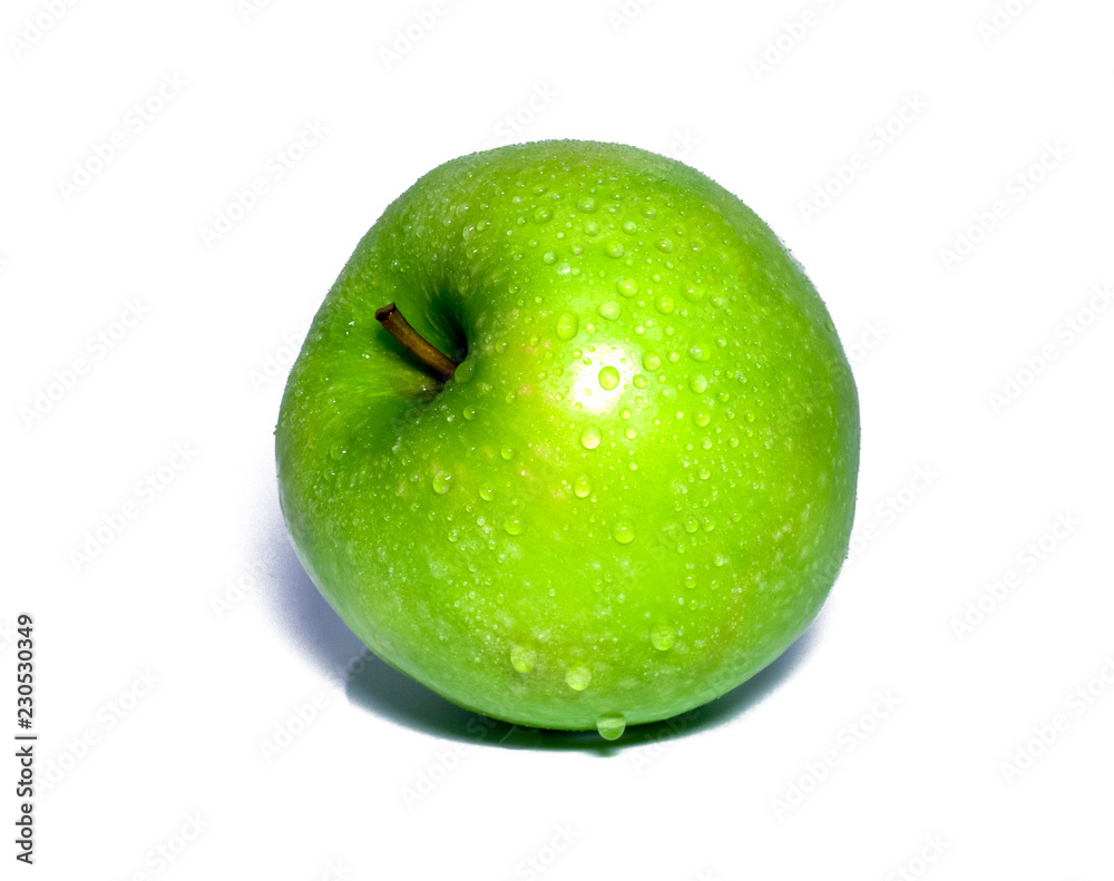 green apple with dew isolated on white background. food, healthy green apple with dew isolated on white background. food, healthy