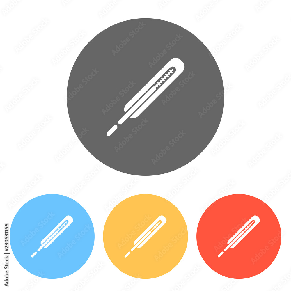 Medical thermometer for body. Set of white icons on colored circ Medical thermometer for body. Set of white icons on colored circ