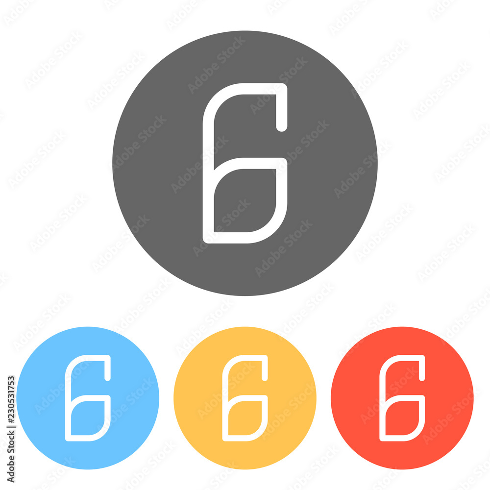 Number 6, numeral, sixth. Set of white icons on colored circles Number 6, numeral, sixth. Set of white icons on colored circles