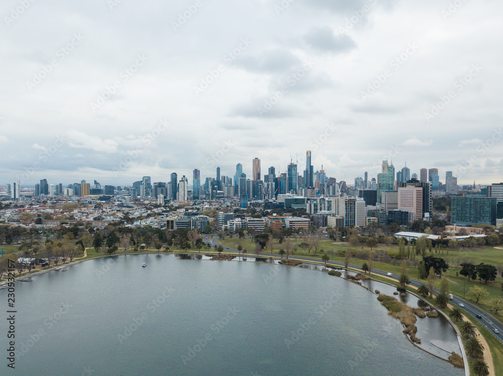 Aerial view of Melbourne skyline on a cloudy day.