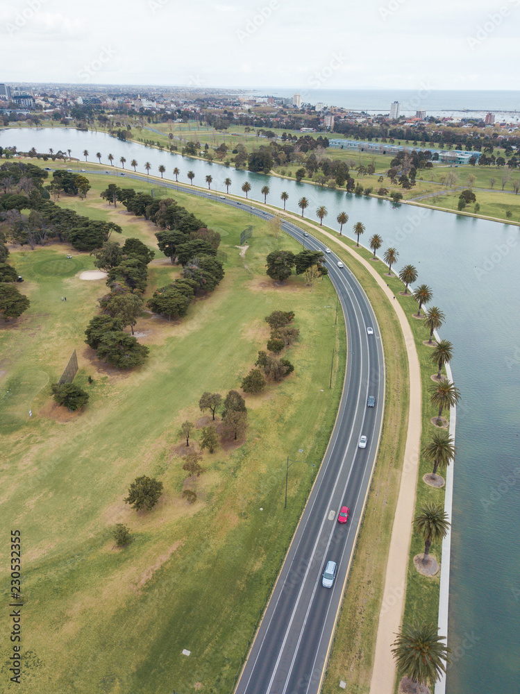 Elevated view of Albert Park road along the lake side. Melbourne, Australia.