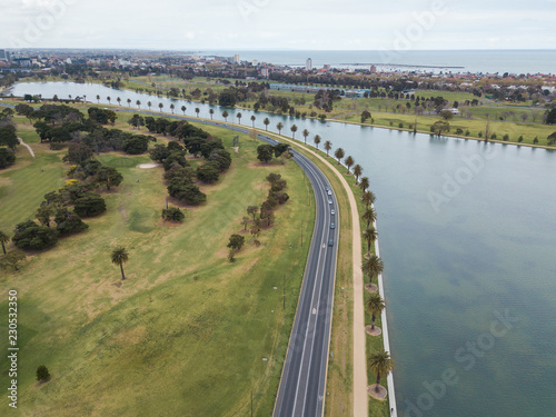 Elevated view of Albert Park road along the lake side. Melbourne, Australia. © AlexandraDaryl