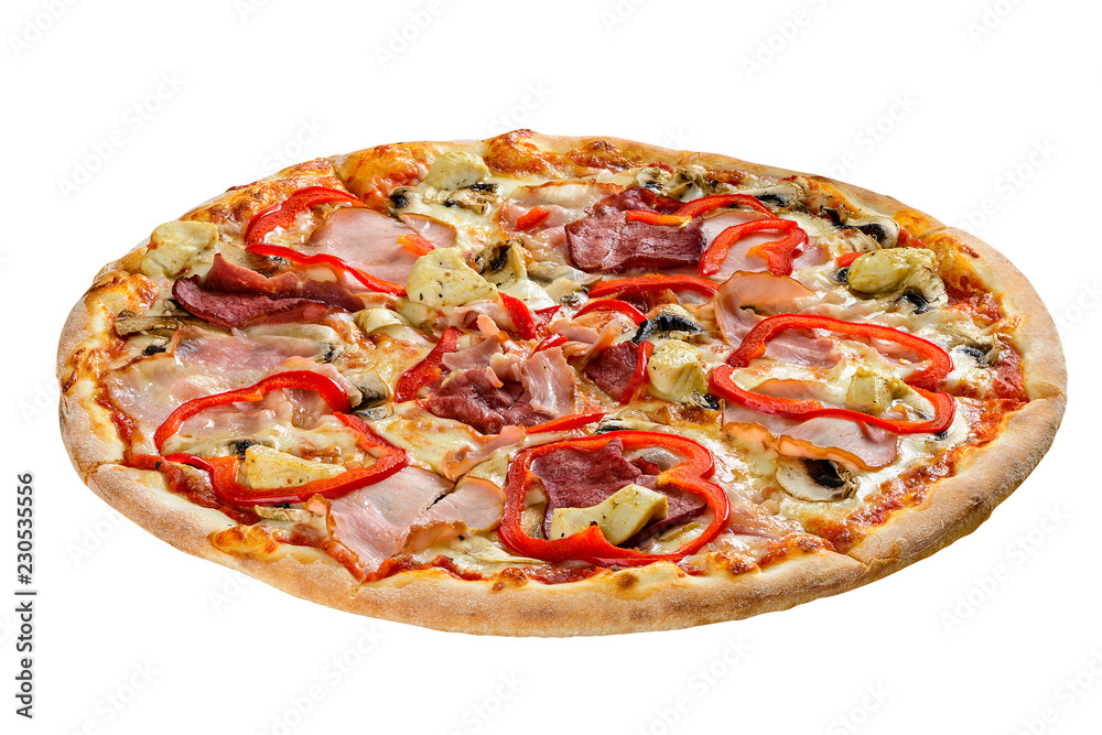ham and pepper pizza isolated on white