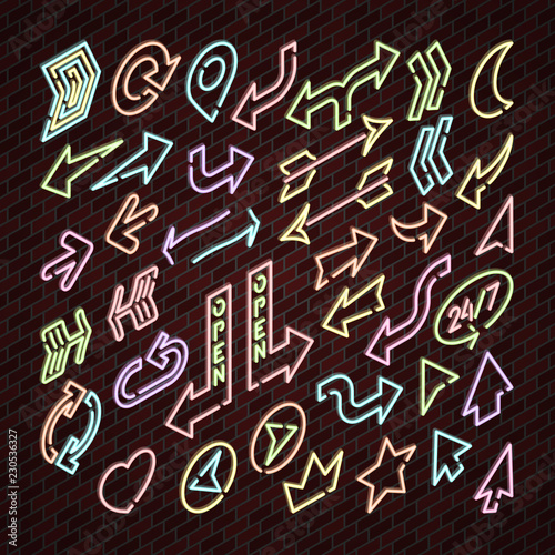 Neon arrow vector glowing arrows and illuminated arrowheads directions illustration isometric set of cursed pointer design of different colors up down heart star isolated on background