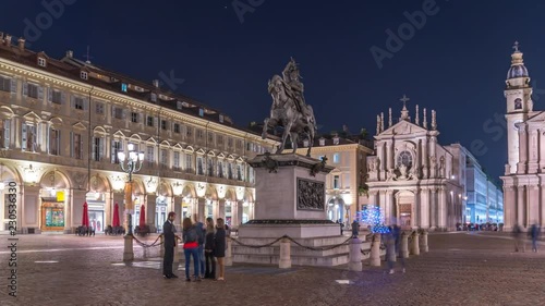 Piazza San Carlo square in Turin Italy at night hyperlapse timelapse in 4k. photo