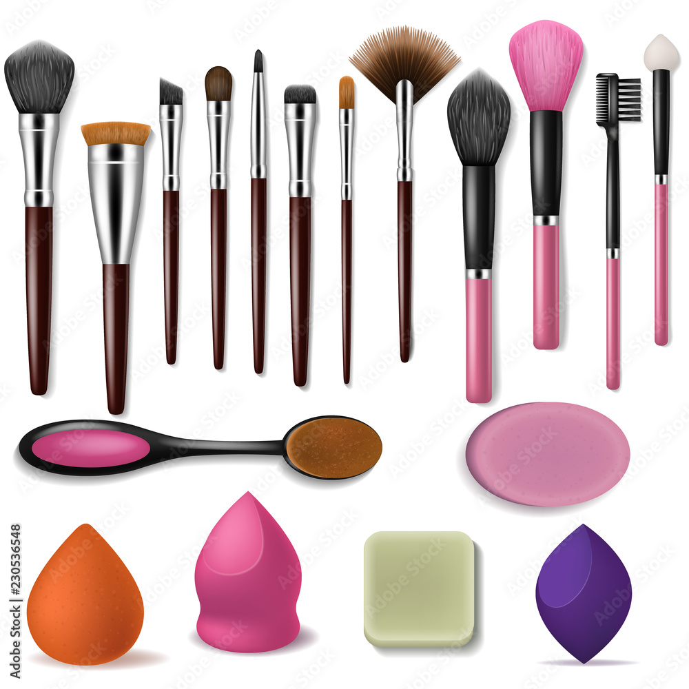 Makeup brush vector professional beauty applicator accessory and fashion brushed tools for powder blush shadow illustration set of making up cosmetic brushing products isolated on white background